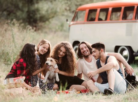 A group of young friends with a dog sitting on grass on a roadtrip through countryside.